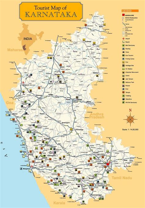 Kerala is the southernmost state of india and is known as gods own country. Excellent Tourist Map of Karnataka State, South India (the capital of which is Bangalore ...