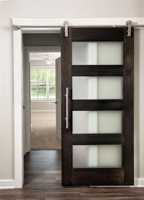 Modern Style Barn Door With Frosted Glass Mahogany