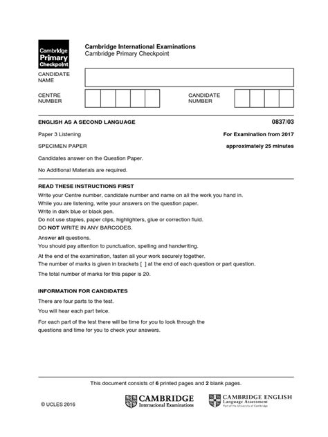 Cambridge Primary Checkpoint Maths Specimen Paper 2 2012 Gambaran