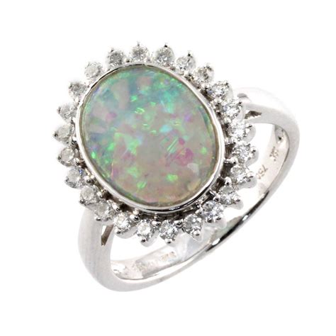 18ct White Gold Opal And Diamond Cluster Ring