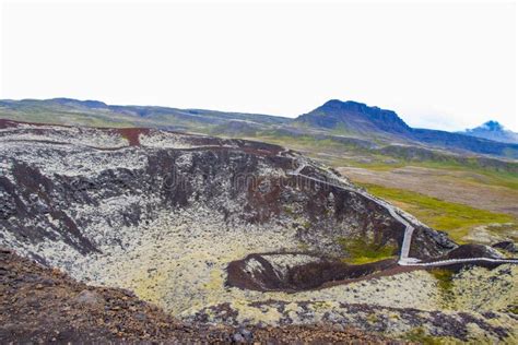 Grabrok Volcanic Crater Inactive Volcano With Green Moss In Iceland
