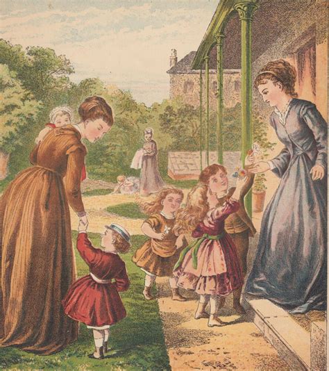 Victorian Children Bringing Flowers To Moms Antique Lithograph Art