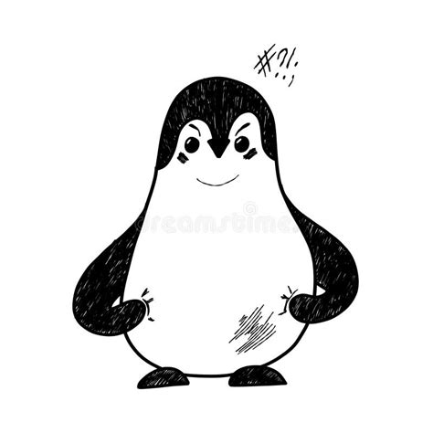 Vector Illustration With Cute Angry Penguin Black And White Hand Drawn
