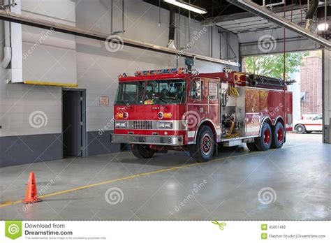 Fire Truck Parked Inside Firefighter Station Stock Photo Image Of