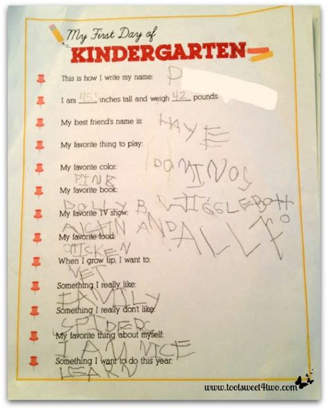 First Day Of Kindergarten Questionnaire Toot Sweet 4 Two