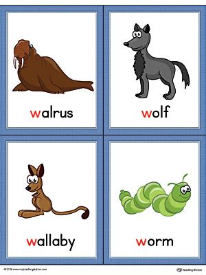 Letter W Words and Pictures Printable Cards Walrus, Wolf, Wallaby