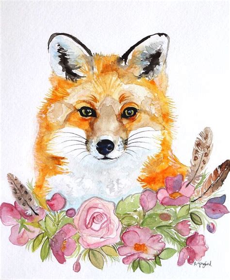 Floral Fox Watercolor 8x10 Inches Rart