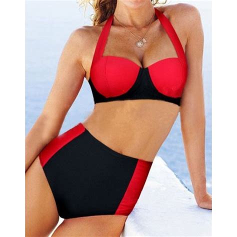 sexy halter sleeveless color block high waisted bikini set for women black red sexy halter