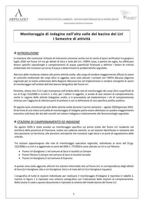 Monitoraggio Dindagine Liri Report Semestrale Arpa Lazio