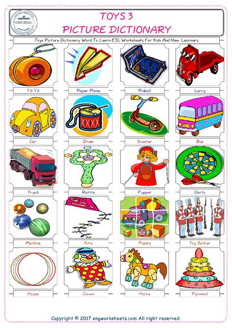 This illnesses vocabulary reviews many common aches and pains in pictures and with a video that helps with english pronunciation. Free ESL Printable Toys English Worksheets and Exercises ...