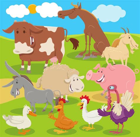 Cartoon Farm Animal Characters Group In The Countryside 2136016 Vector