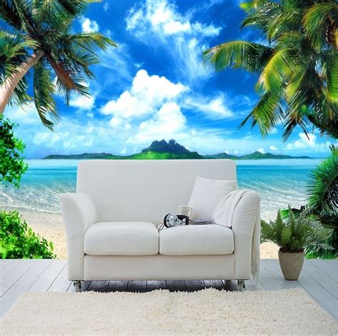 Beautiful 3d Tropical Beach Palm Trees Wallpaper White Sand Mural