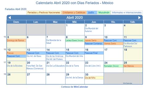 Calendario Abril 2020 Para Imprimir México
