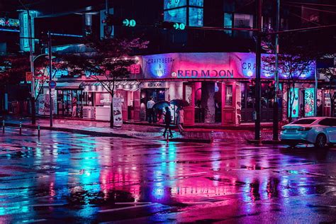 Neon Lights Urban Night After Rain Reflection Street City Hd