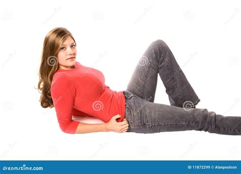 Woman Posing In Red Shirt Stock Image Image Of Jeans 11872299