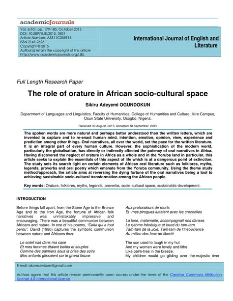 Pdf The Role Of Orature In African Socio Cultural Space