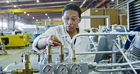 Panning Of African Female Engineer In Lab Coat And Protective Eyewear