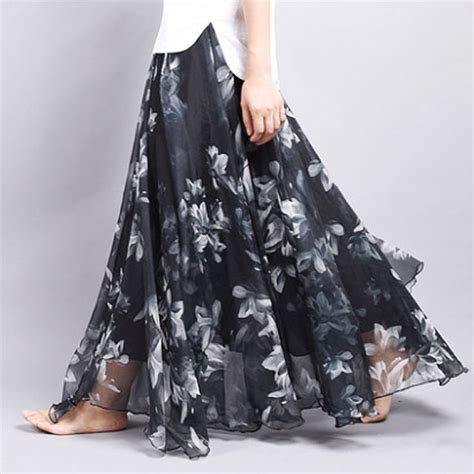 Black And White Floral Blossom Chiffon Maxi Skirt Summer Flowers Long
