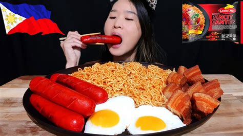 Filipino Noodles Lucky Me Pancit Canton Lechon Kawali Crispy Pork Belly Sausages Mukbang