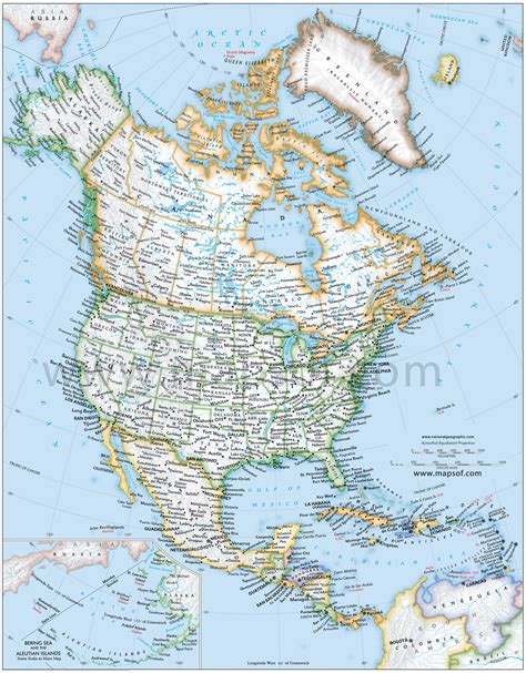 Detailed Physical Map Of North America With Roads And