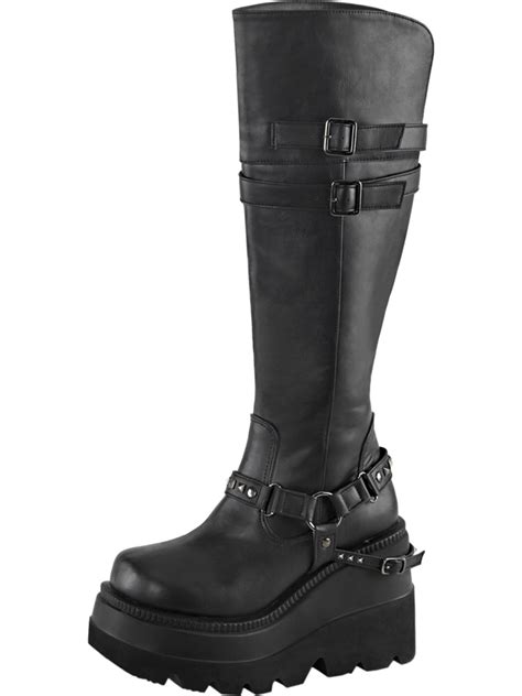 Summitfashions Womens Black Wedge Boots Knee High Shoes Studded