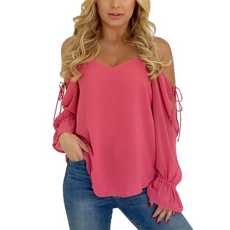 Sexy Cold Shoulder Tops Vintage Chiffon Women Blouse Solid Color Lace Up Long Sleeve Summer