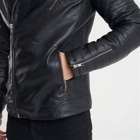Mens Leather Biker Jacket With Quilted Ribbed Sleeves Barneys Originals