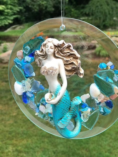 6 Beach Glass Mermaid Suncatcher Beach Glass Suncatcher Etsy Sea Glass Decor Sea Glass