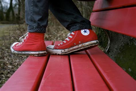 Hd Wallpaper Person Wearing Red Converse All Star High Tops Shoes