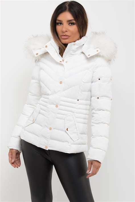 Womens White Puffer Coat With Big Faux Fur Hood Uk