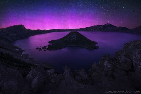 Purple Aurora Borealis Over Crater Lake Oregon Photo One Big Photo