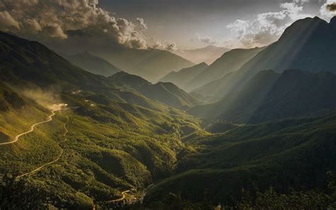 Nature Landscape Sun Rays Mountain Valley River Mist Clouds