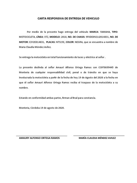 Carta Responsiva De Entrega De Vehiculo Pdf