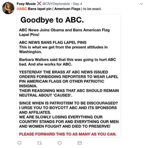 Abc news bans flag and patriotic lapel pins' even barbara walter complains. ABC News Bans Flag Lapel Pins? - Truth or Fiction?