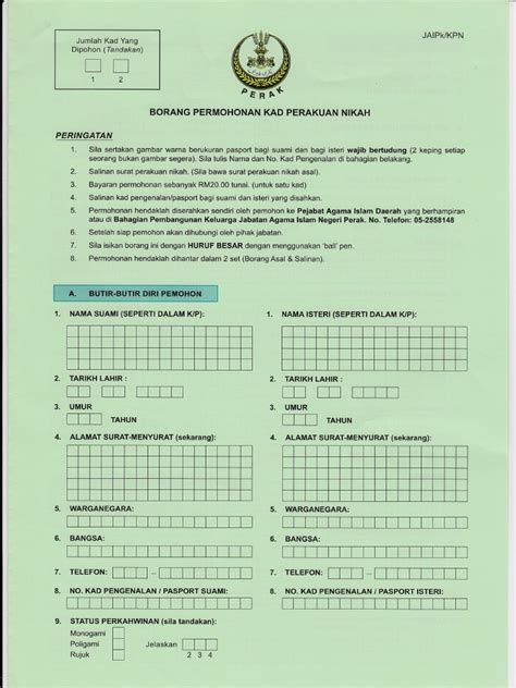 Berani tanggalkan gengsi dan menikah gratis di kua? Borang Permohonan Kad Perakuan Nikah Perak