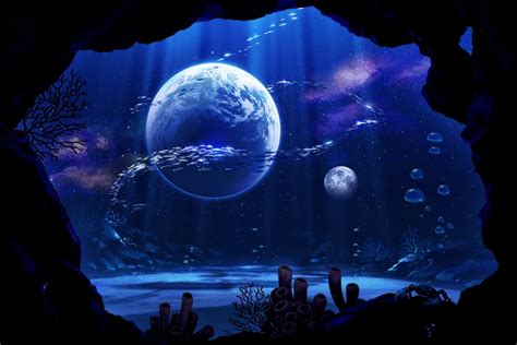 Wallpaper Digital Art Night Planet Earth Underwater Moonlight
