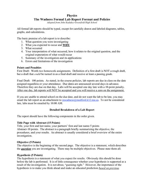 Formal Lab Report Template Physics Biological Science