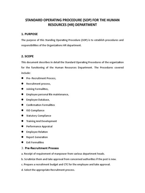 Standard Operating Procedure Sop For The Human Resources