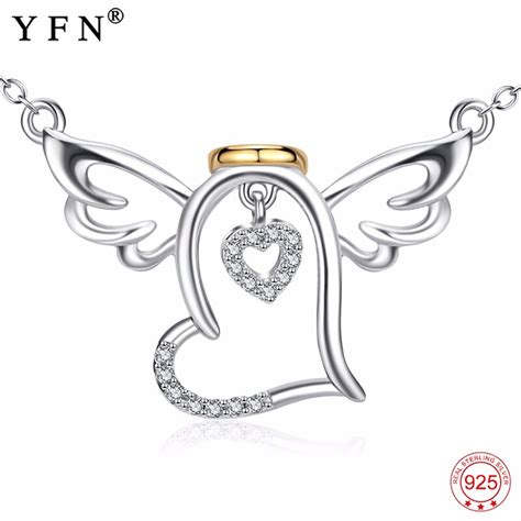 Genuine 925 Sterling Silver Angel Wings Necklace Crystal Love Heart