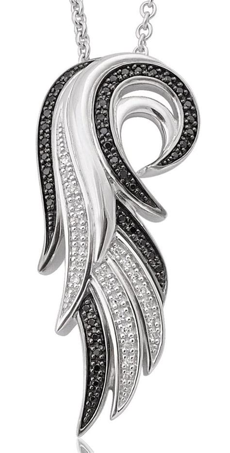 Angel Feather Wing White And Black Diamond Pendant Necklace In Sterling