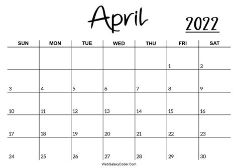April 2022 Calendar Printable Format Print Now