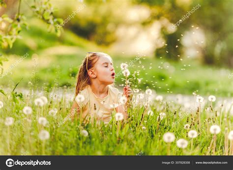 Sweet Little Girl Blowing Dandelion — Stock Photo © Tan4ikk 307828358