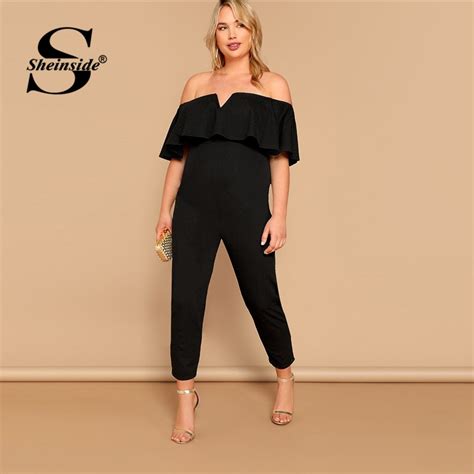 Sheinside Plus Size Black Casual Off Shoulder Jumpsuit Women 2019 Half
