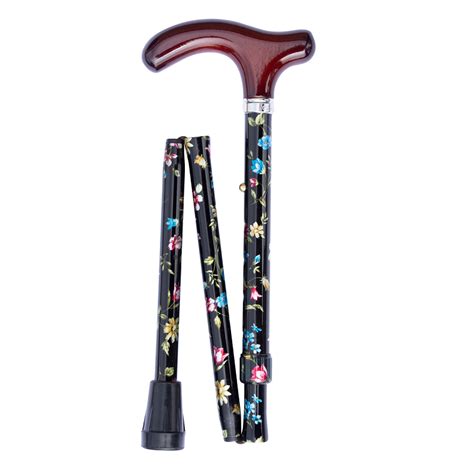 Ultra Petite Black Floral Adjustable Folding Walking Stick Health And