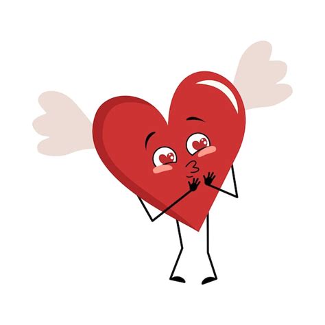 Premium Vector Cute Character Red Heart With Wings Falls In Love With Eyes Hearts Kiss Face