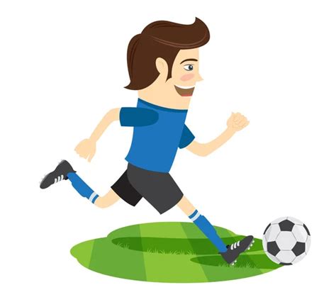 Funny Soccer Football Player Wearing Blue T Shirt Running Kickin Stock