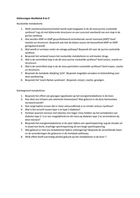 Oefenvragen Nucleotiden En Ge Ntegreerd Metabolisme Oefenvragen