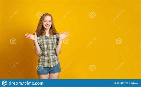 Banner Copy Space Optimistic Girl Raises Palms From Joy Happy To Receive Awesome Present From