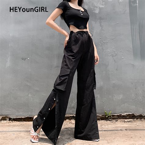 Heyoungirl Buttons Split Harajuku Black Cargo Pants Women Casual Loose