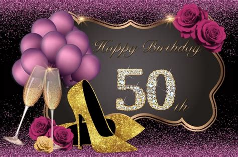 Purple Balloons Gold High Heeled Shoes Flowers Happy 50th Birthday